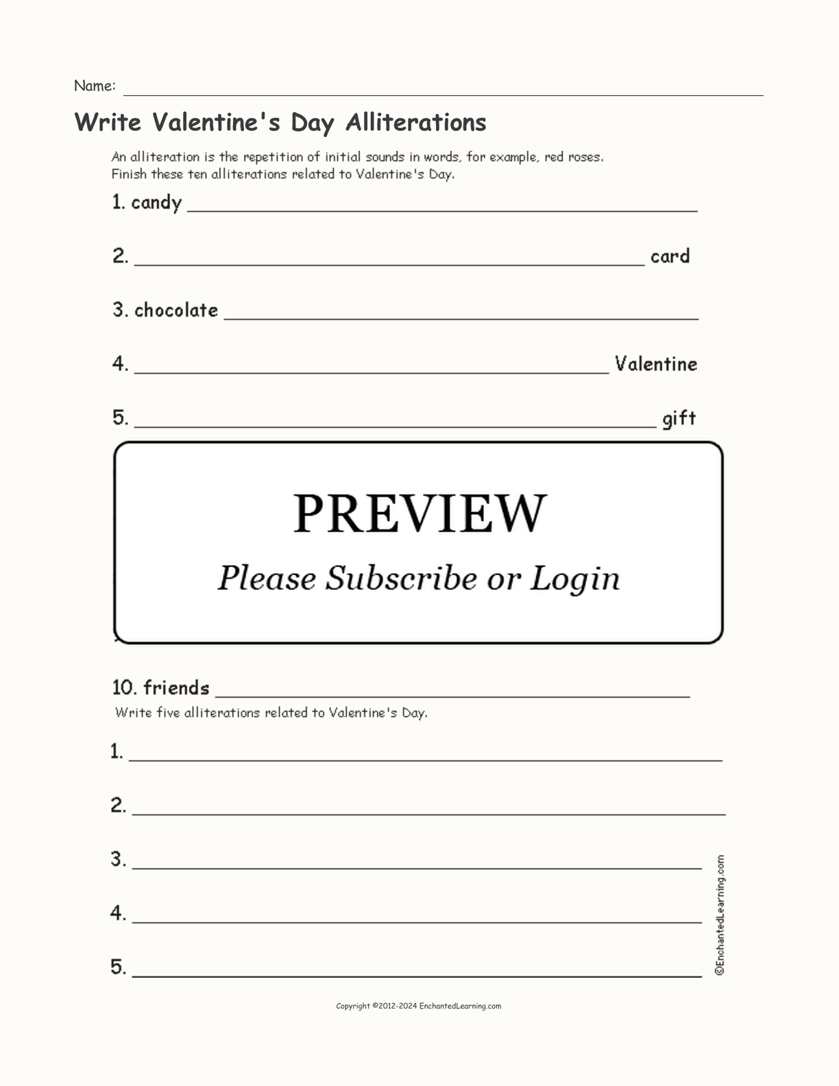 Write Valentine's Day Alliterations interactive printout page 1