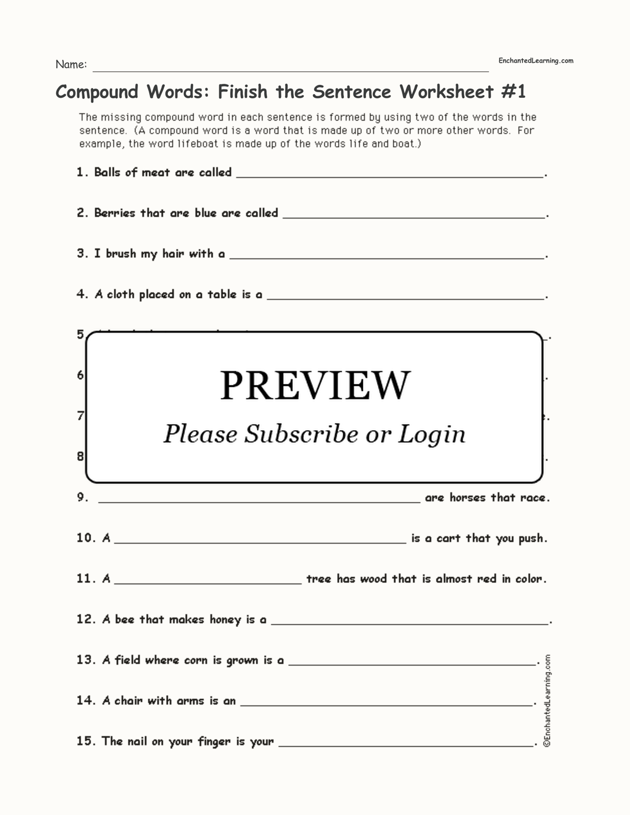 Compound Words: Finish the Sentence Worksheet #1 interactive worksheet page 1