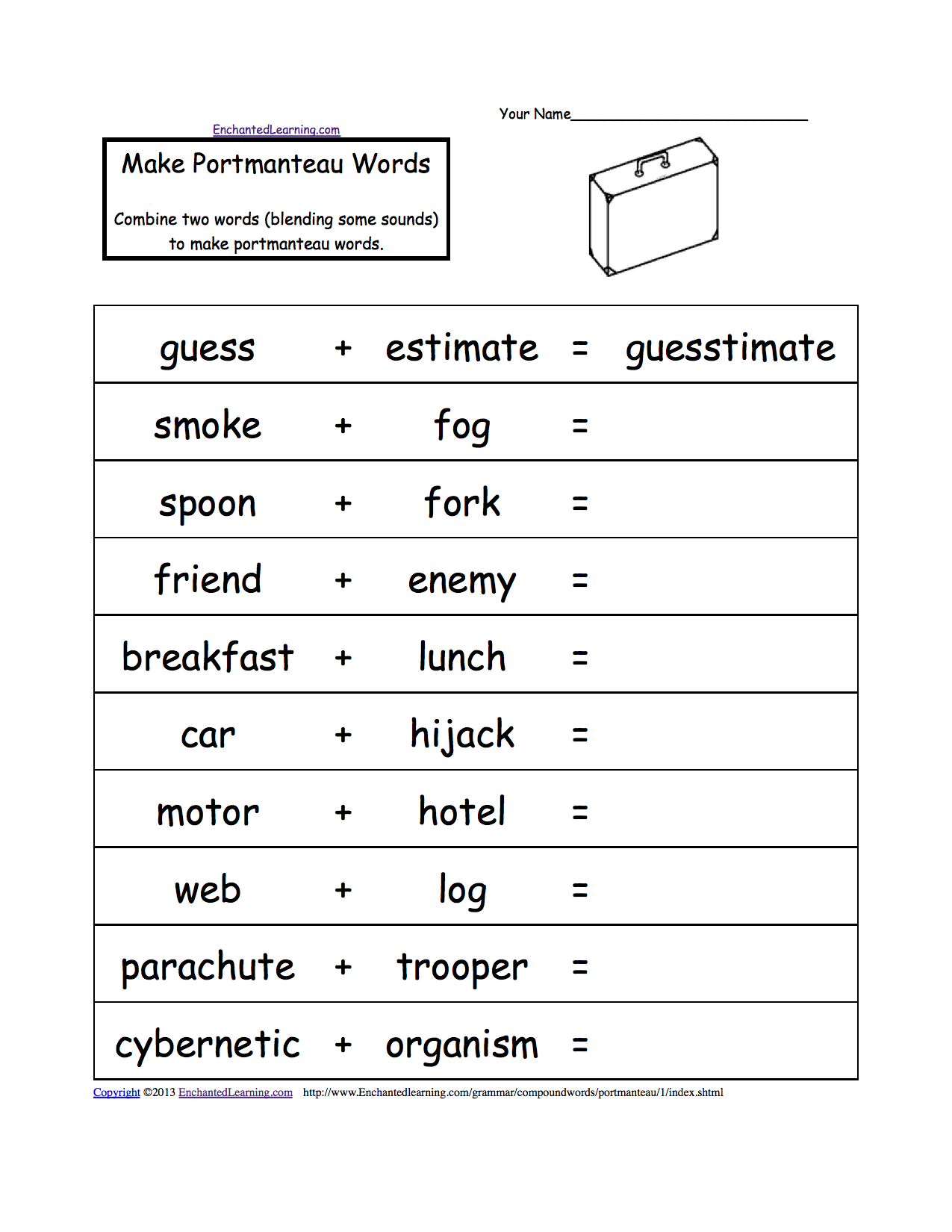 Portmanteau Words, Printable Worksheets. EnchantedLearning.com Within Combining Like Terms Worksheet Pdf