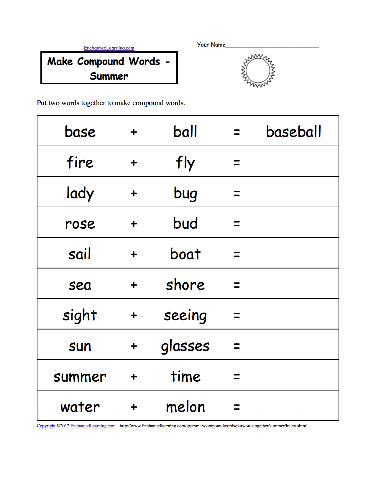 make compound words summer a printable worksheet enchantedlearning com