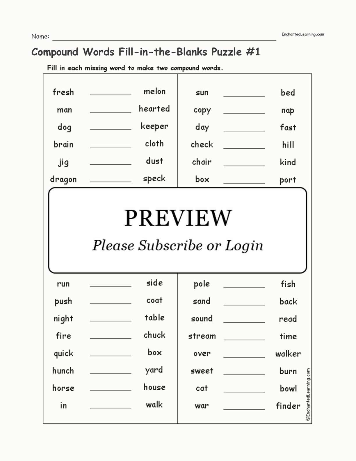 Compound Words Fill-in-the-Blanks Puzzle #1 interactive worksheet page 1