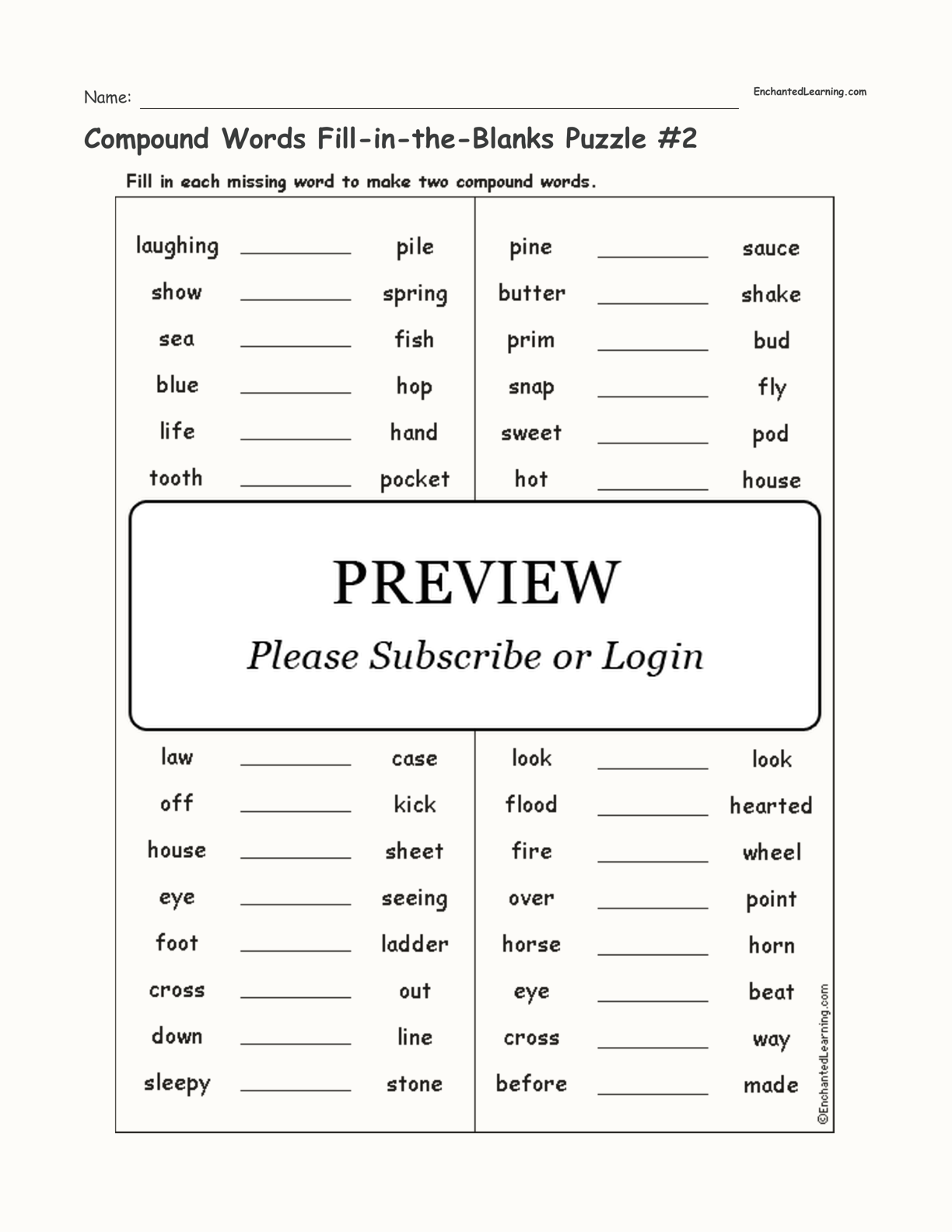 Compound Words Fill-in-the-Blanks Puzzle #2 interactive worksheet page 1