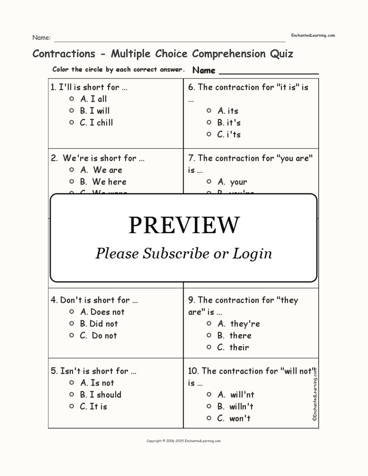 contractions-multiple-choice-comprehension-quiz-enchanted-learning