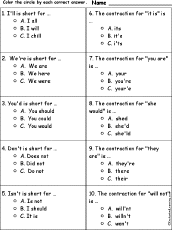 Worksheets on Contractions