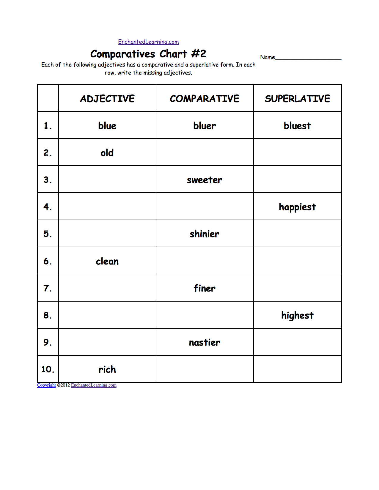 Comparative And Superlative Adjectives Worksheet Printout 