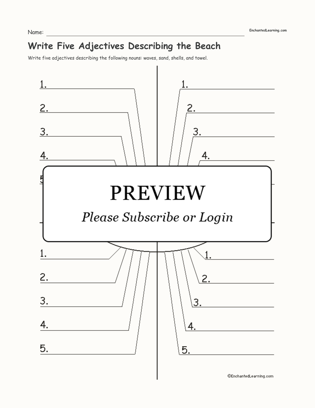 Write Five Adjectives Describing the Beach interactive worksheet page 1