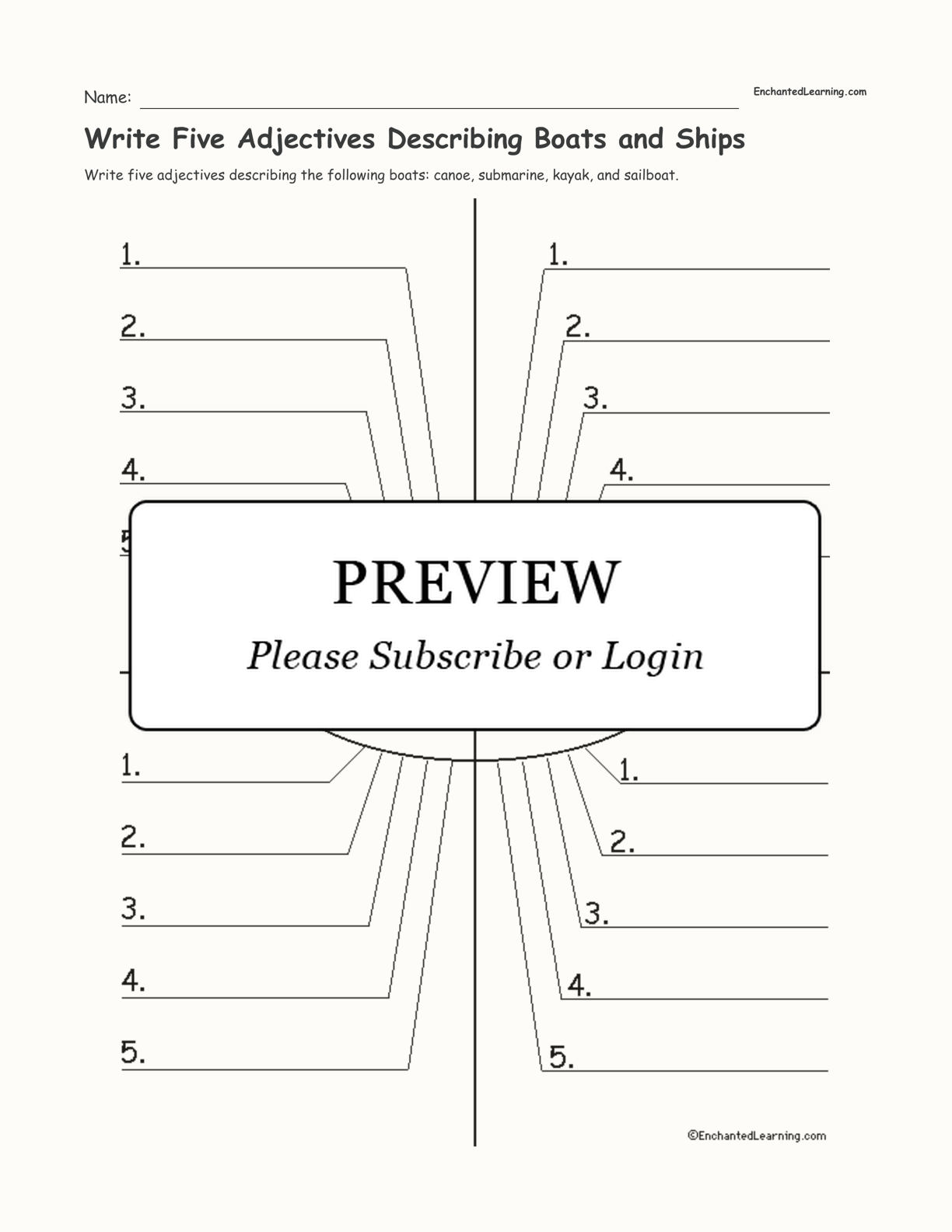 Write Five Adjectives Describing Boats and Ships interactive worksheet page 1