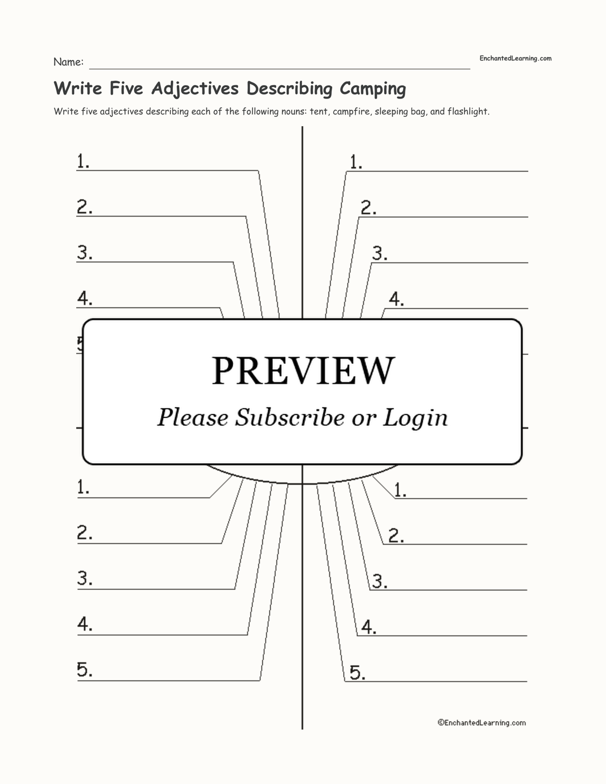 Write Five Adjectives Describing Camping interactive worksheet page 1