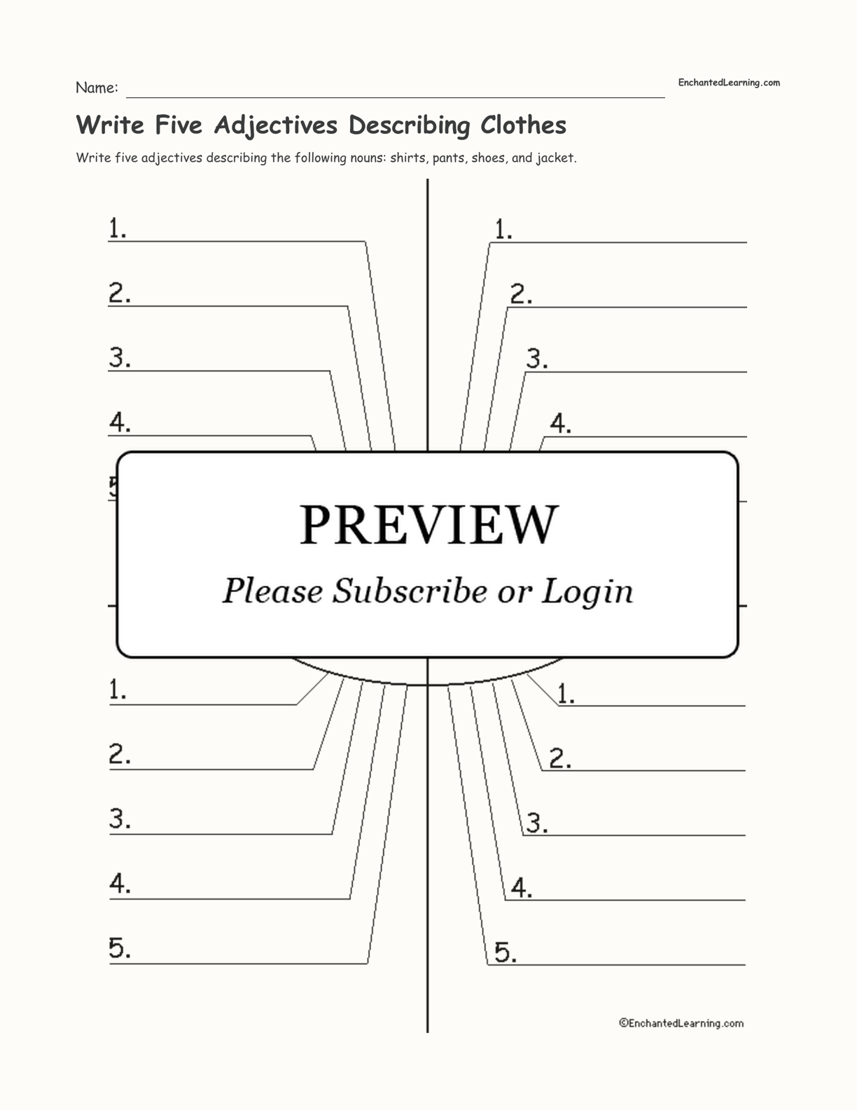 Write Five Adjectives Describing Clothes interactive worksheet page 1