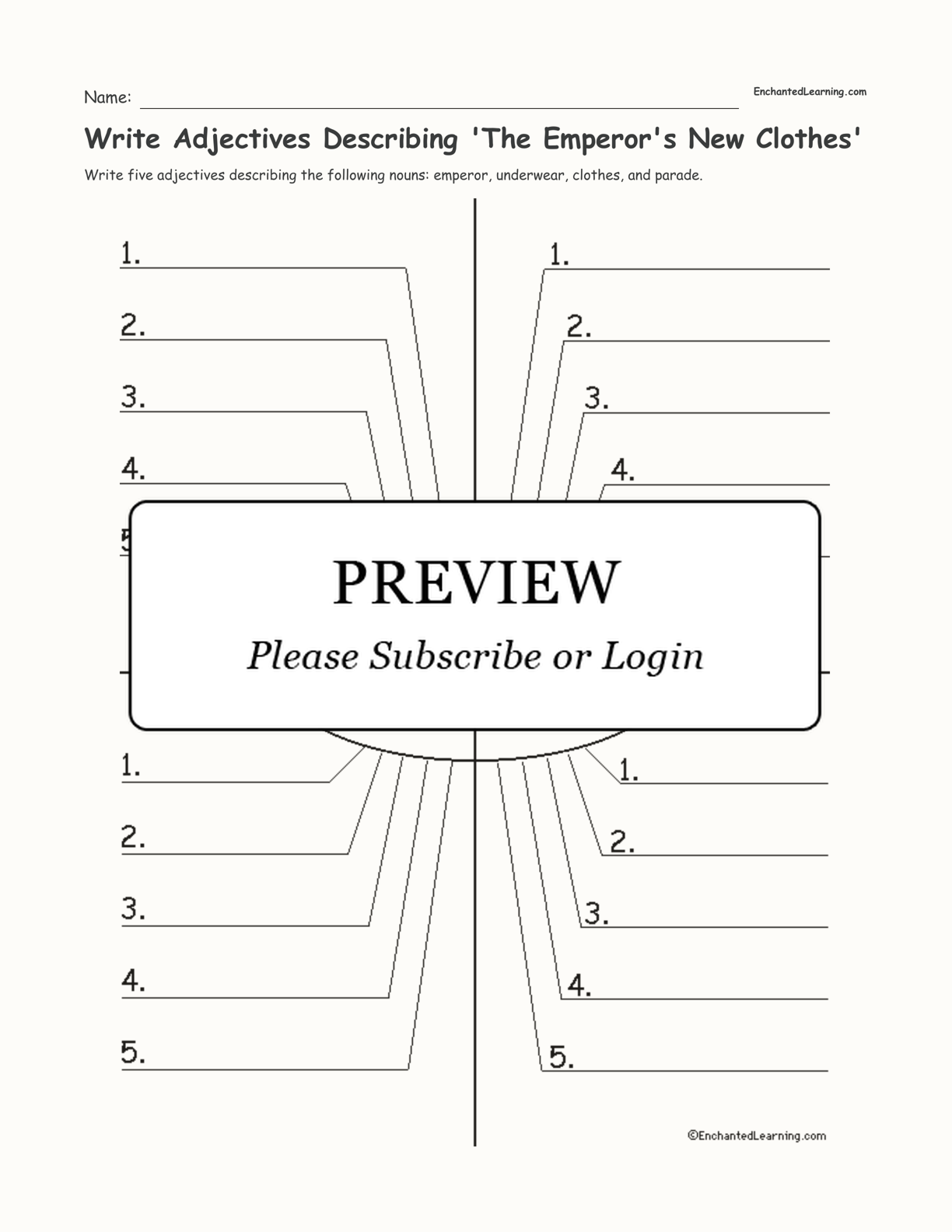 Write Adjectives Describing 'The Emperor's New Clothes' interactive worksheet page 1