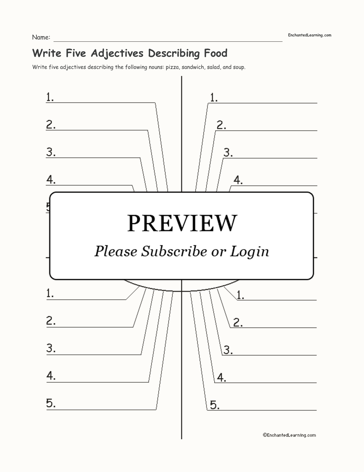 Write Five Adjectives Describing Food interactive worksheet page 1