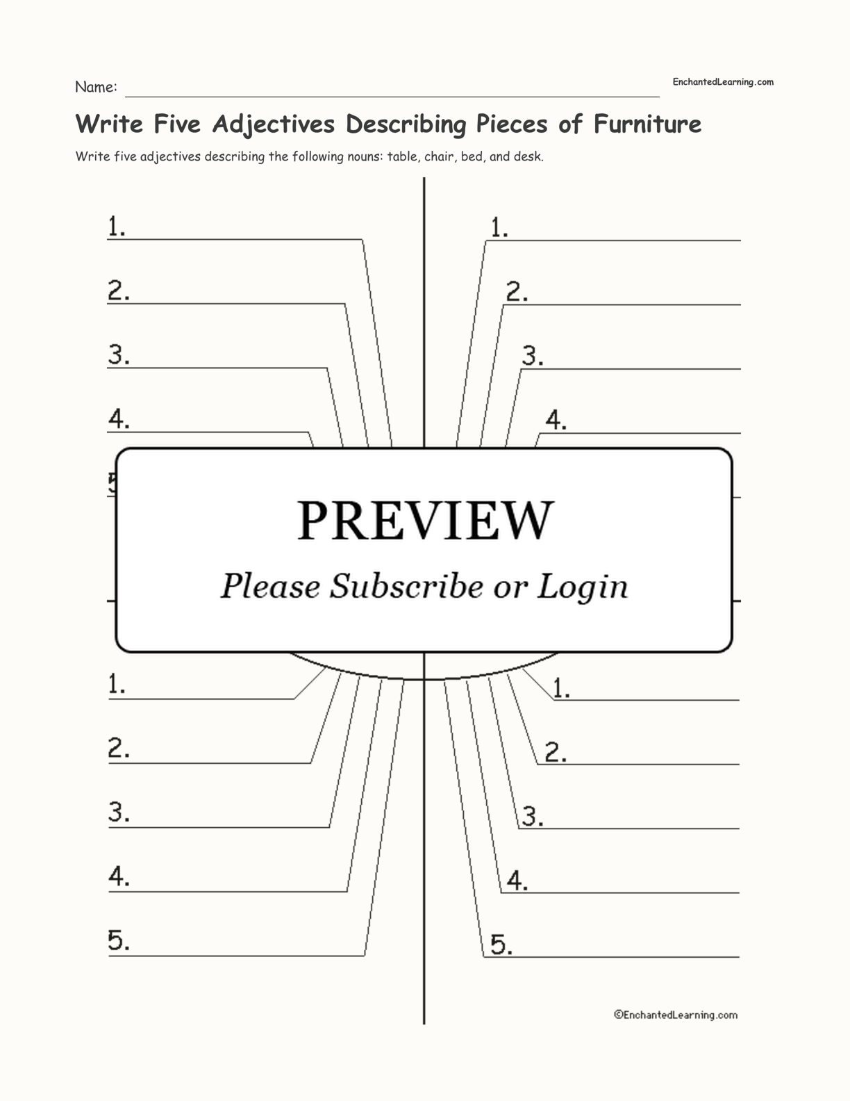 Write Five Adjectives Describing Pieces of Furniture interactive worksheet page 1