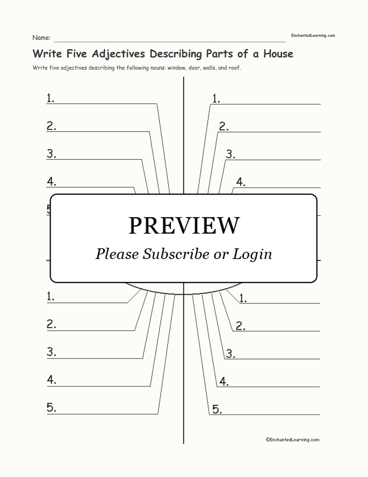 Write Five Adjectives Describing Parts of a House interactive worksheet page 1