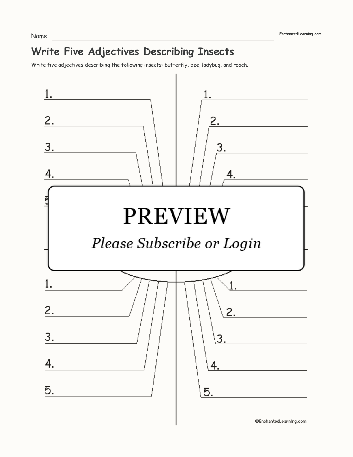 Write Five Adjectives Describing Insects interactive worksheet page 1