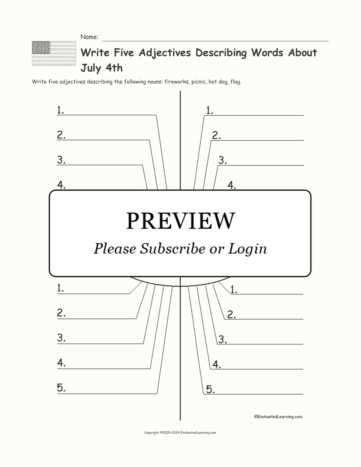 Write Five Adjectives Describing Words About July 4th interactive printout page 1
