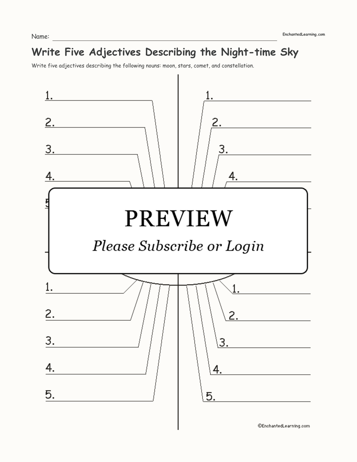 Write Five Adjectives Describing the Night-time Sky interactive worksheet page 1