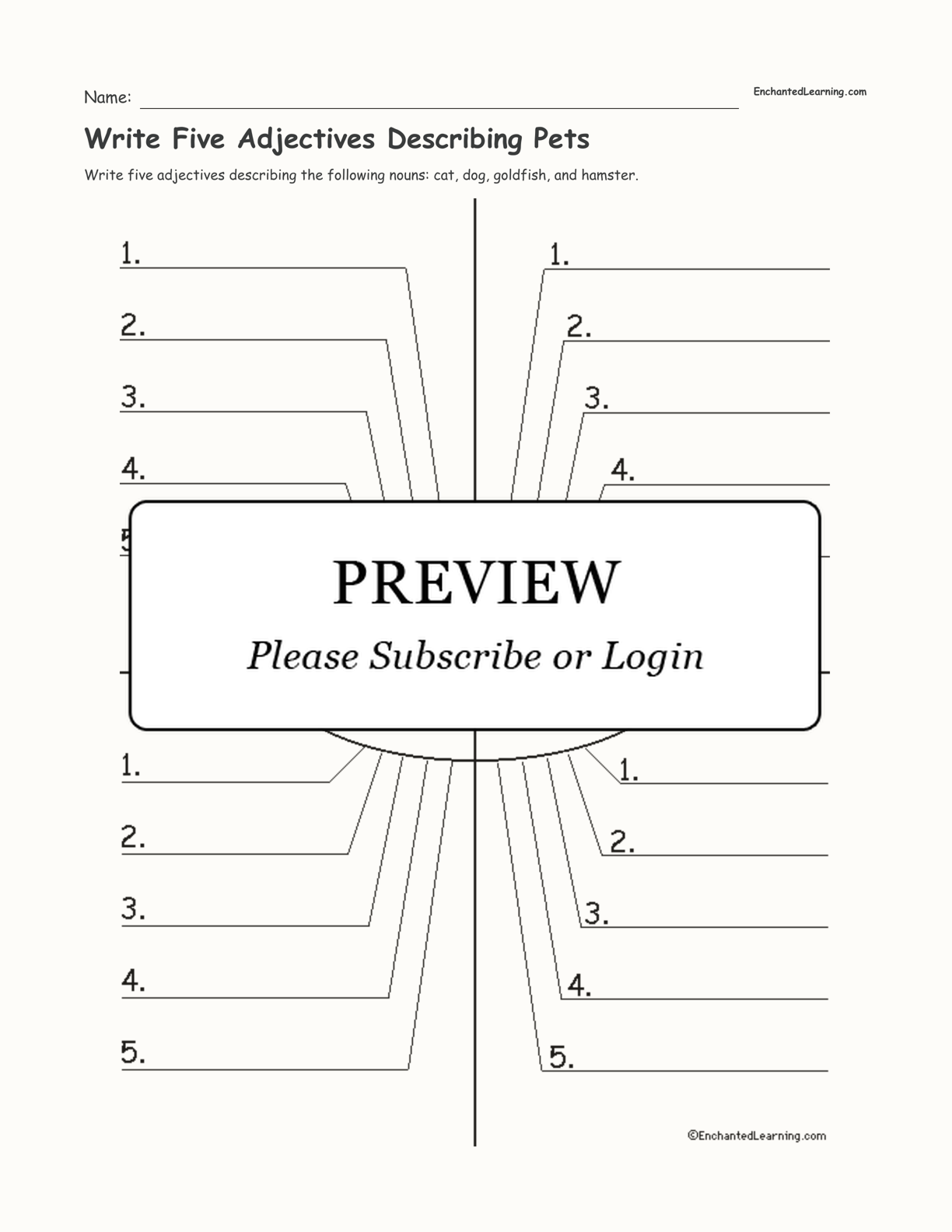 Write Five Adjectives Describing Pets interactive worksheet page 1