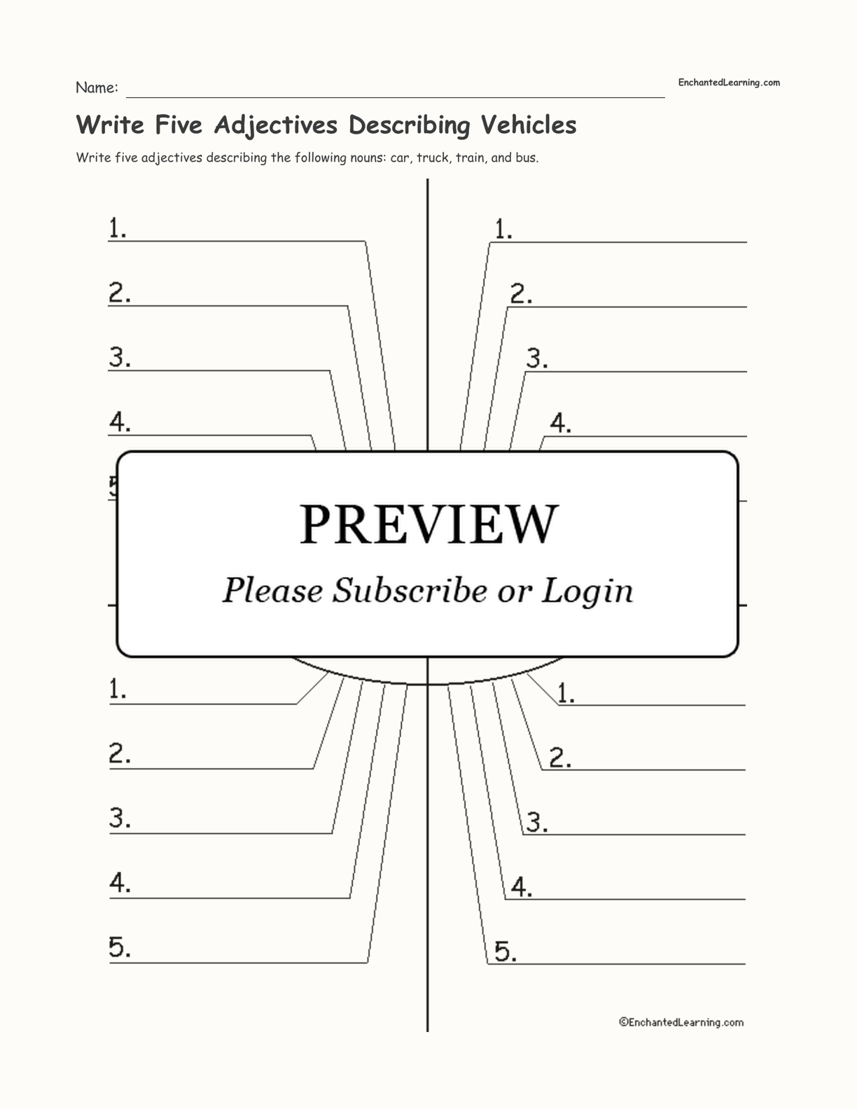 Write Five Adjectives Describing Vehicles interactive worksheet page 1