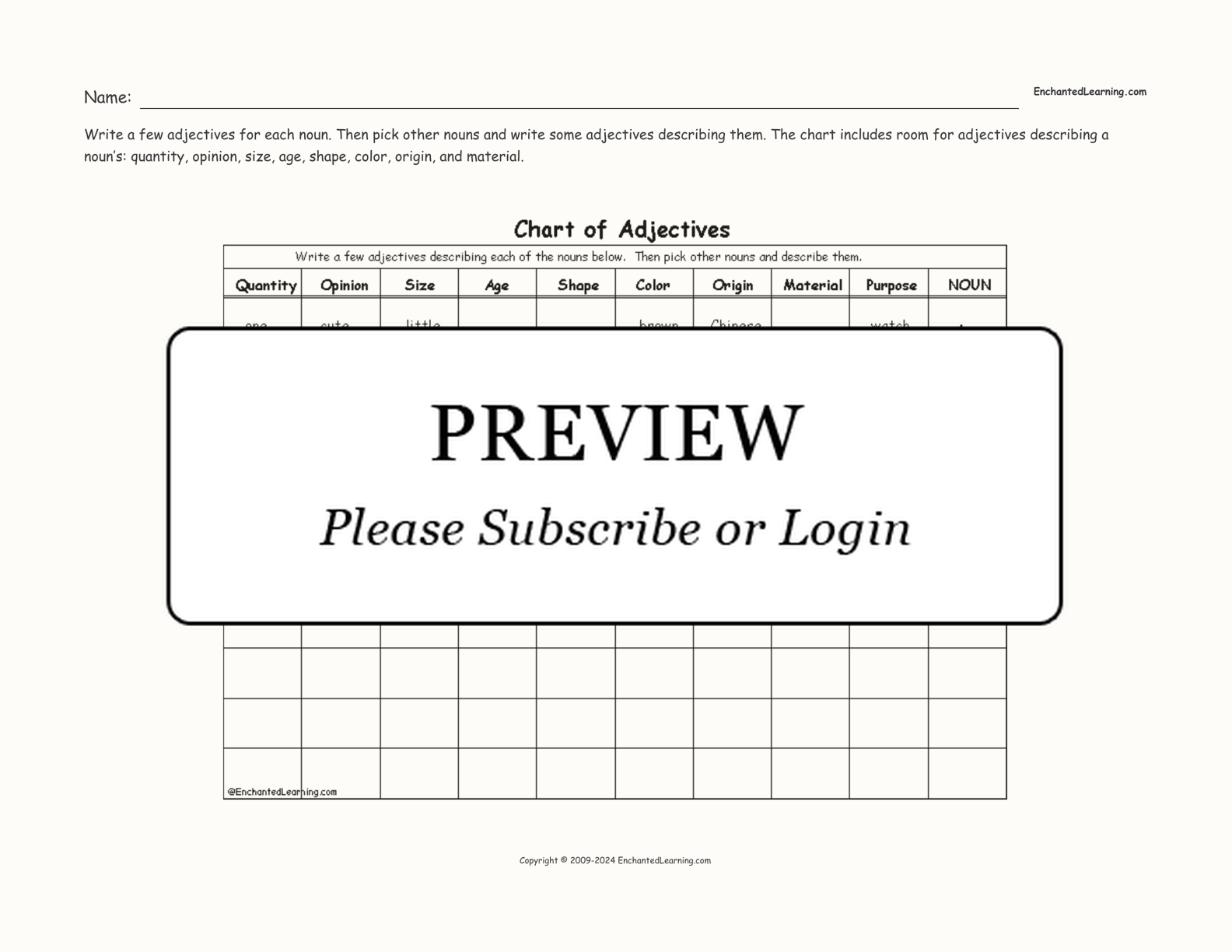 Chart of Adjectives interactive worksheet page 1