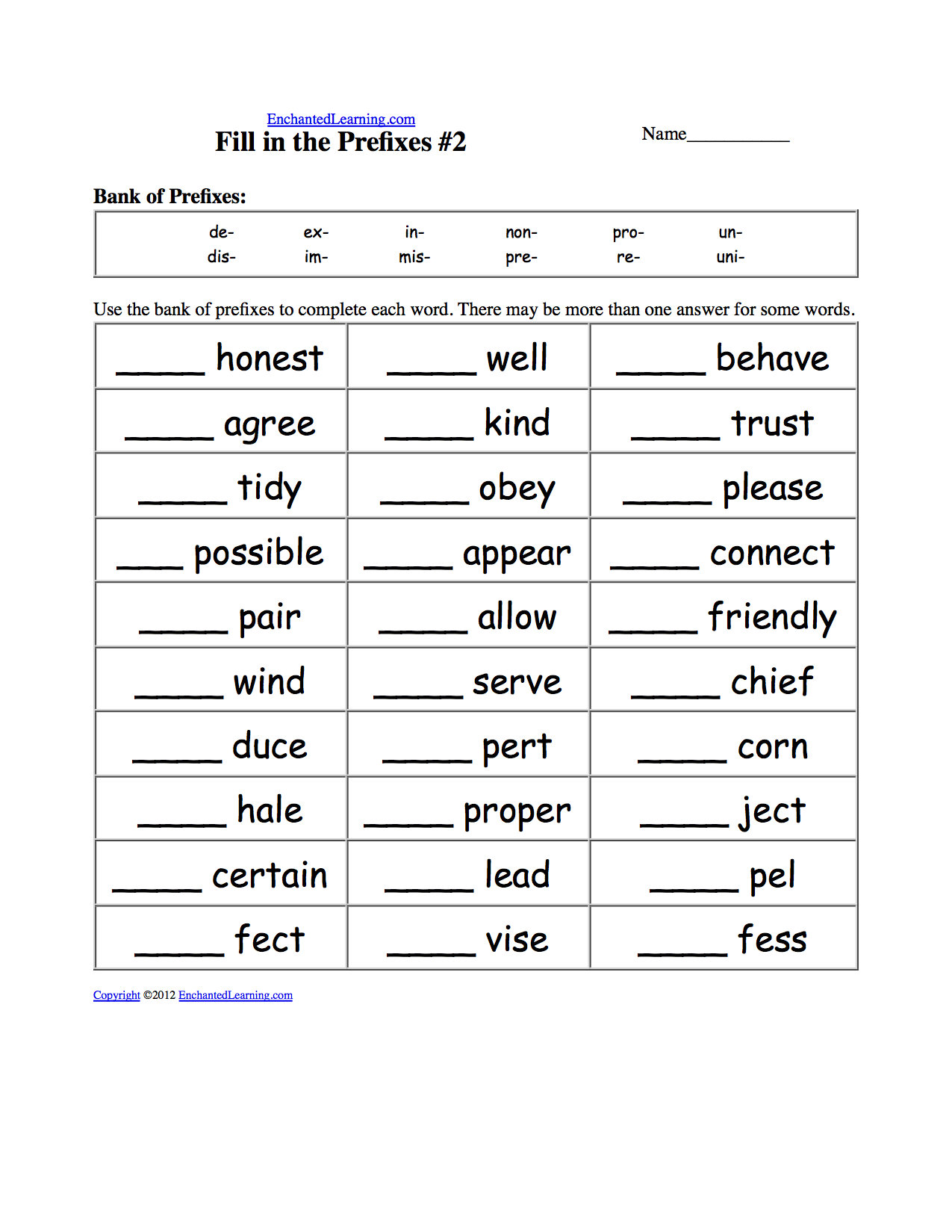 Prefix worksheet