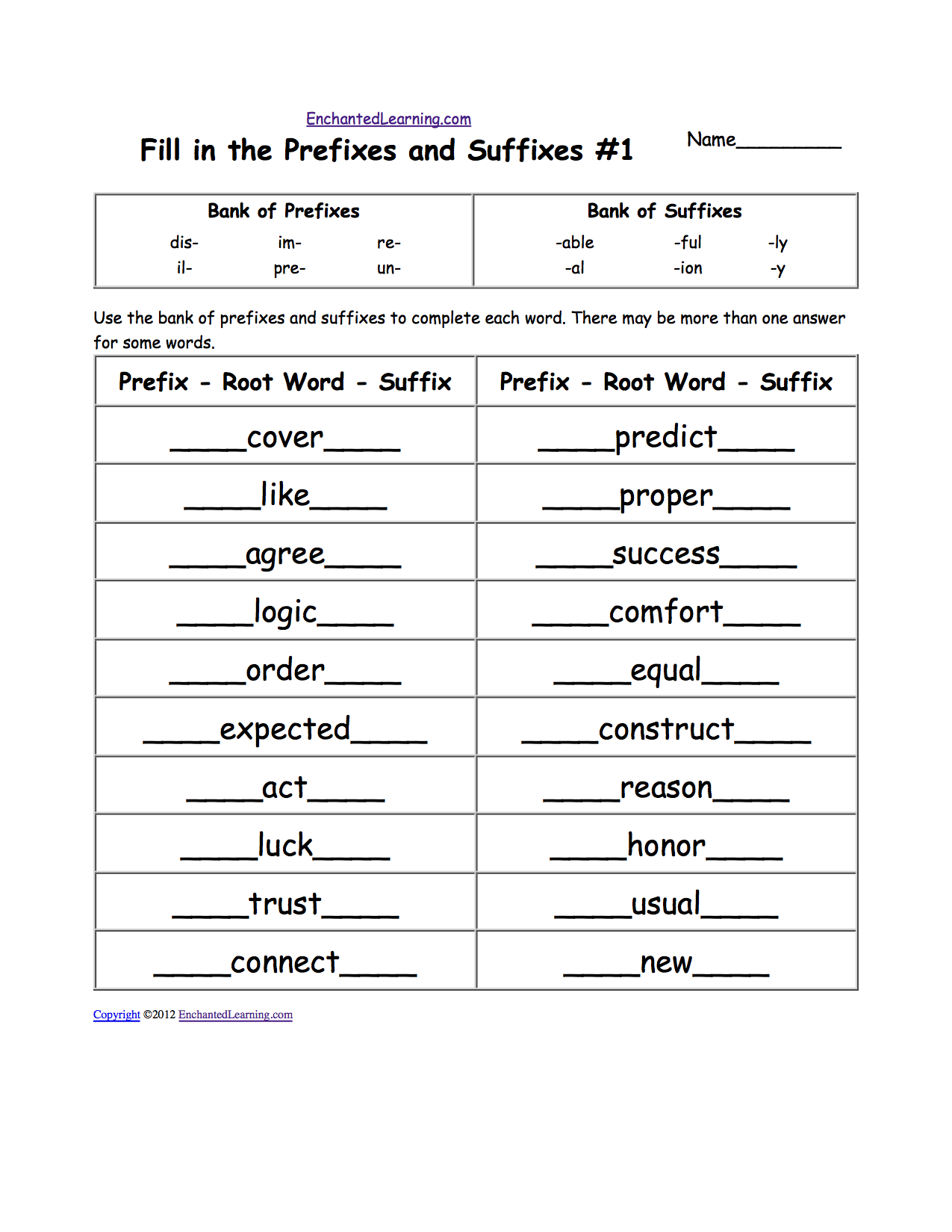 Prefix worksheet