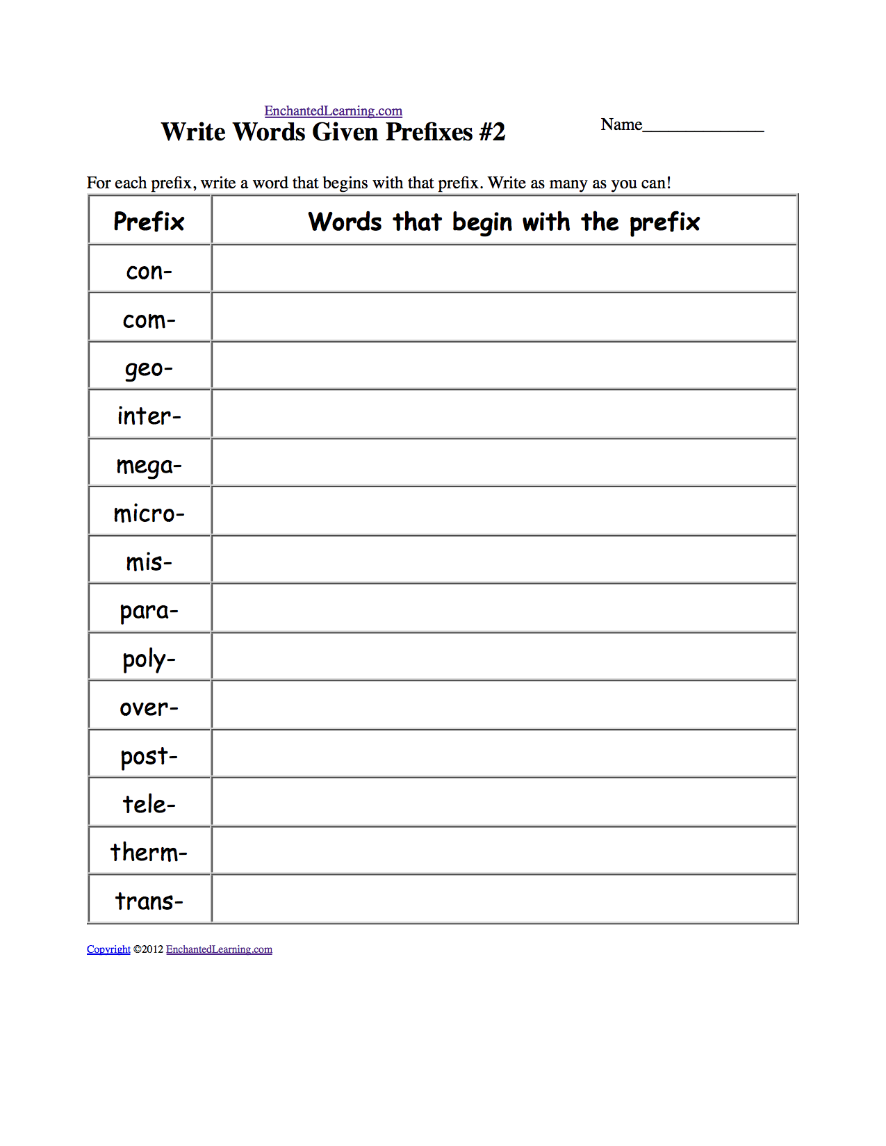 Prefix worksheet