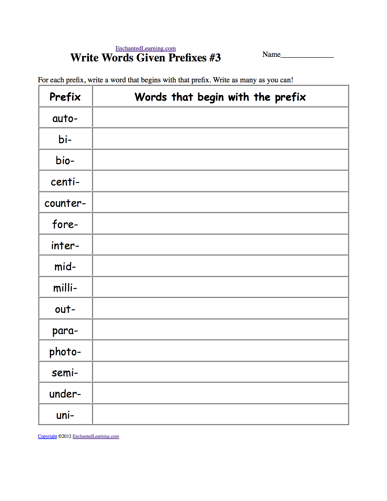 Write Words Given Prefixes: Worksheets. EnchantedLearning.com