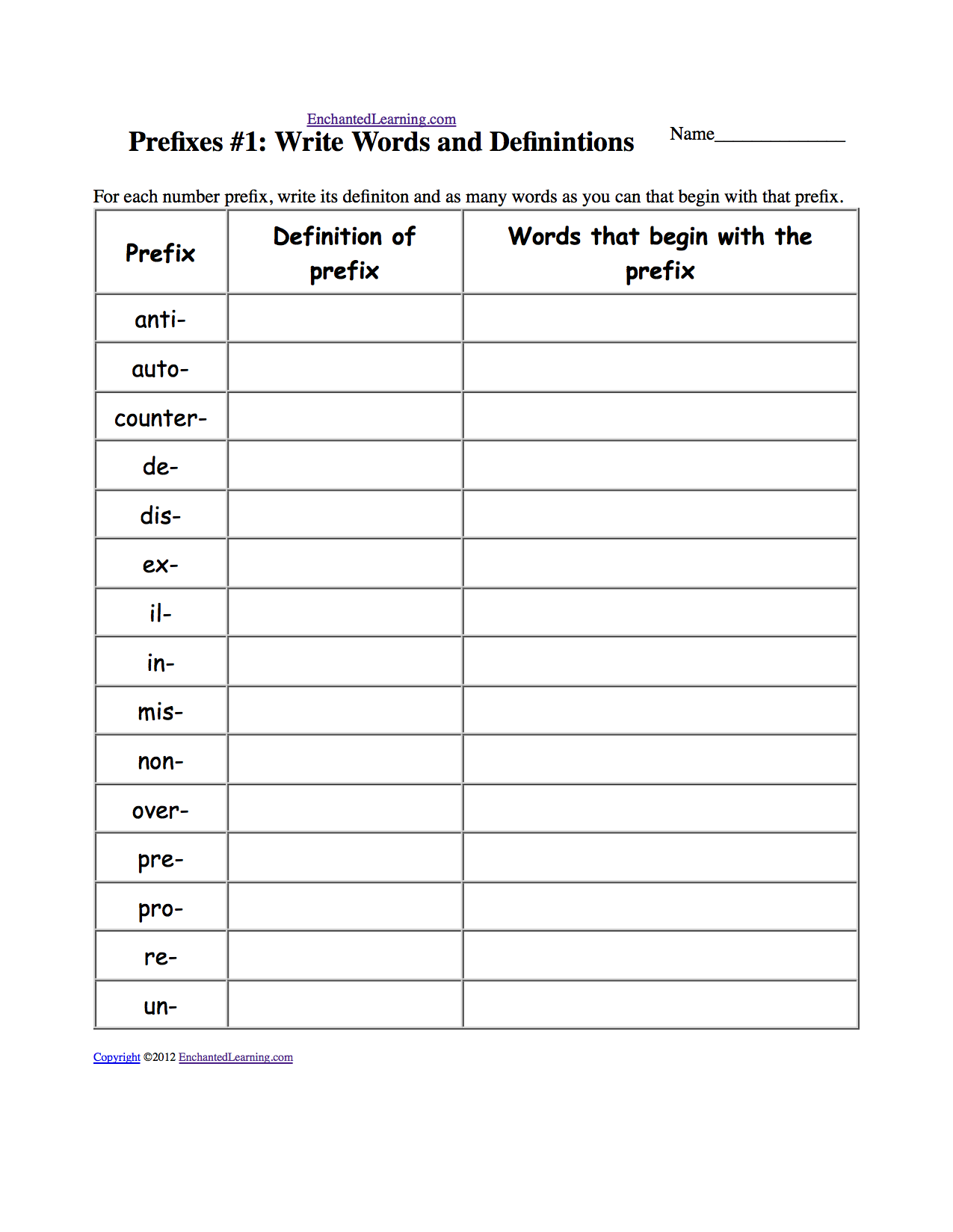 numbers prefix worksheet