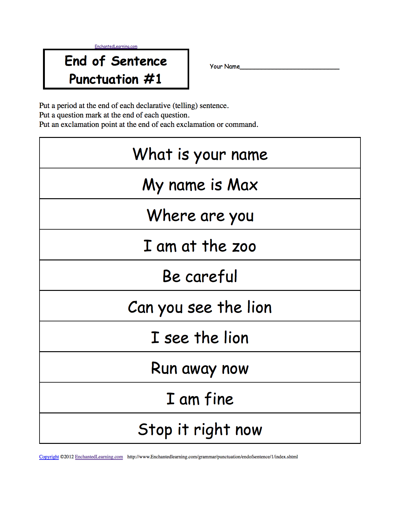 end of sentence punctuation printable worksheets enchantedlearning com