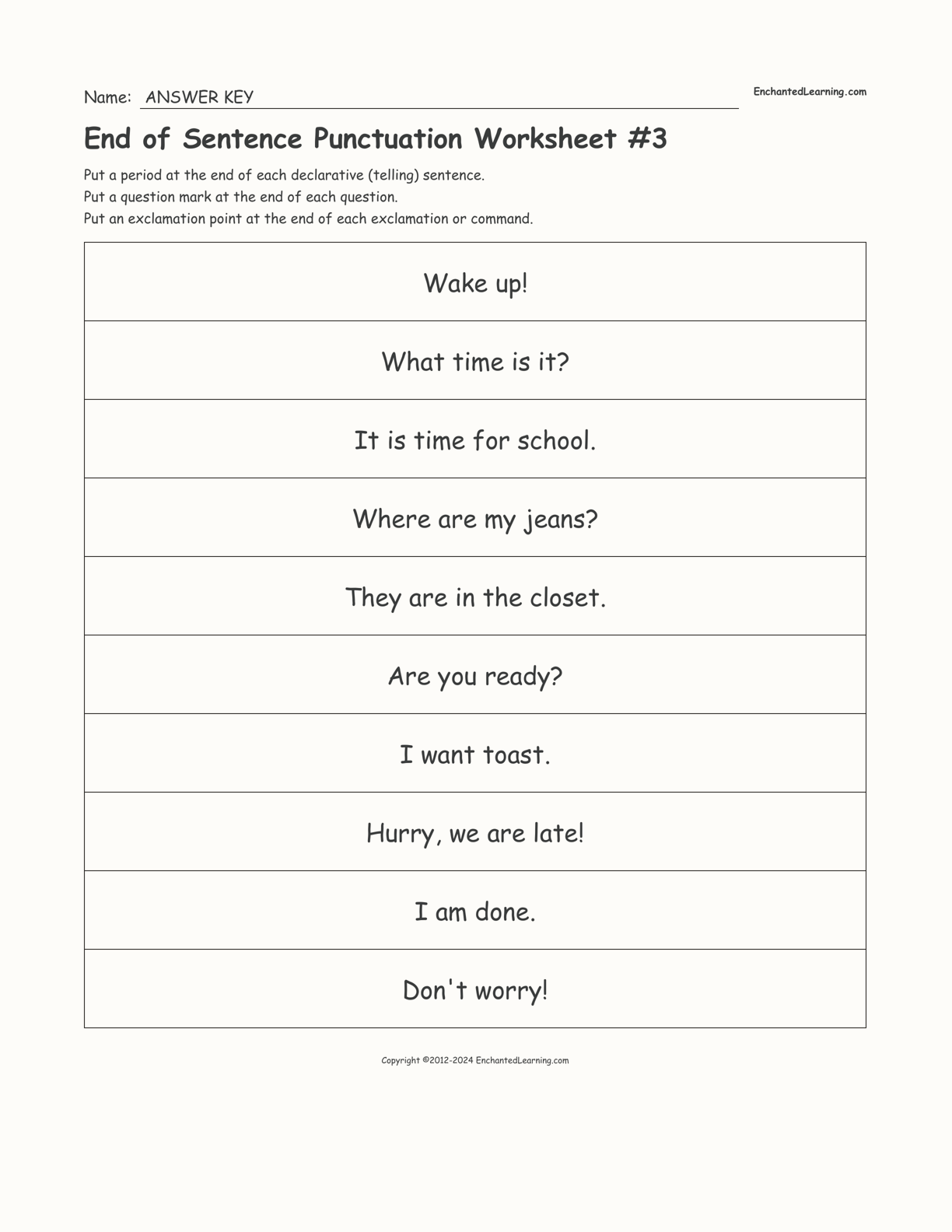 End Of Sentence Punctuation Worksheet