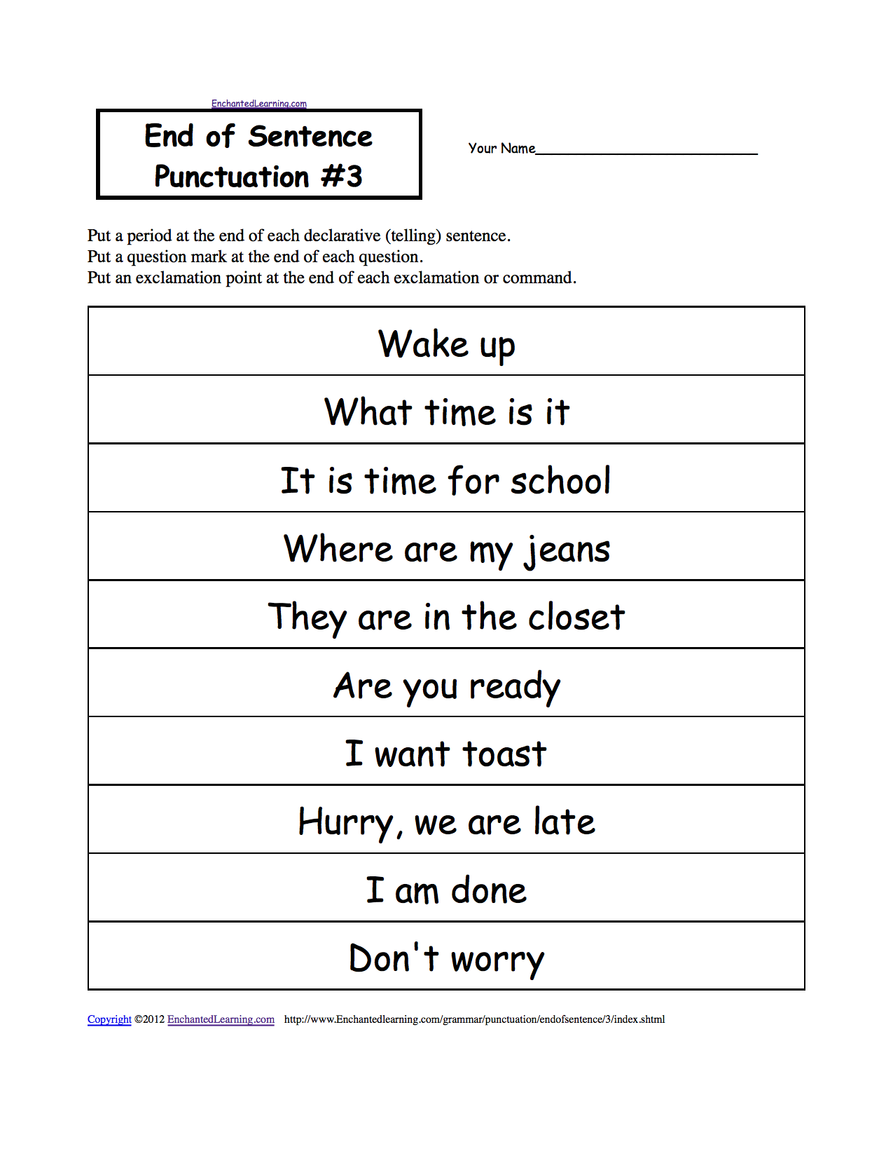 end of sentence punctuation printable worksheets enchantedlearning com