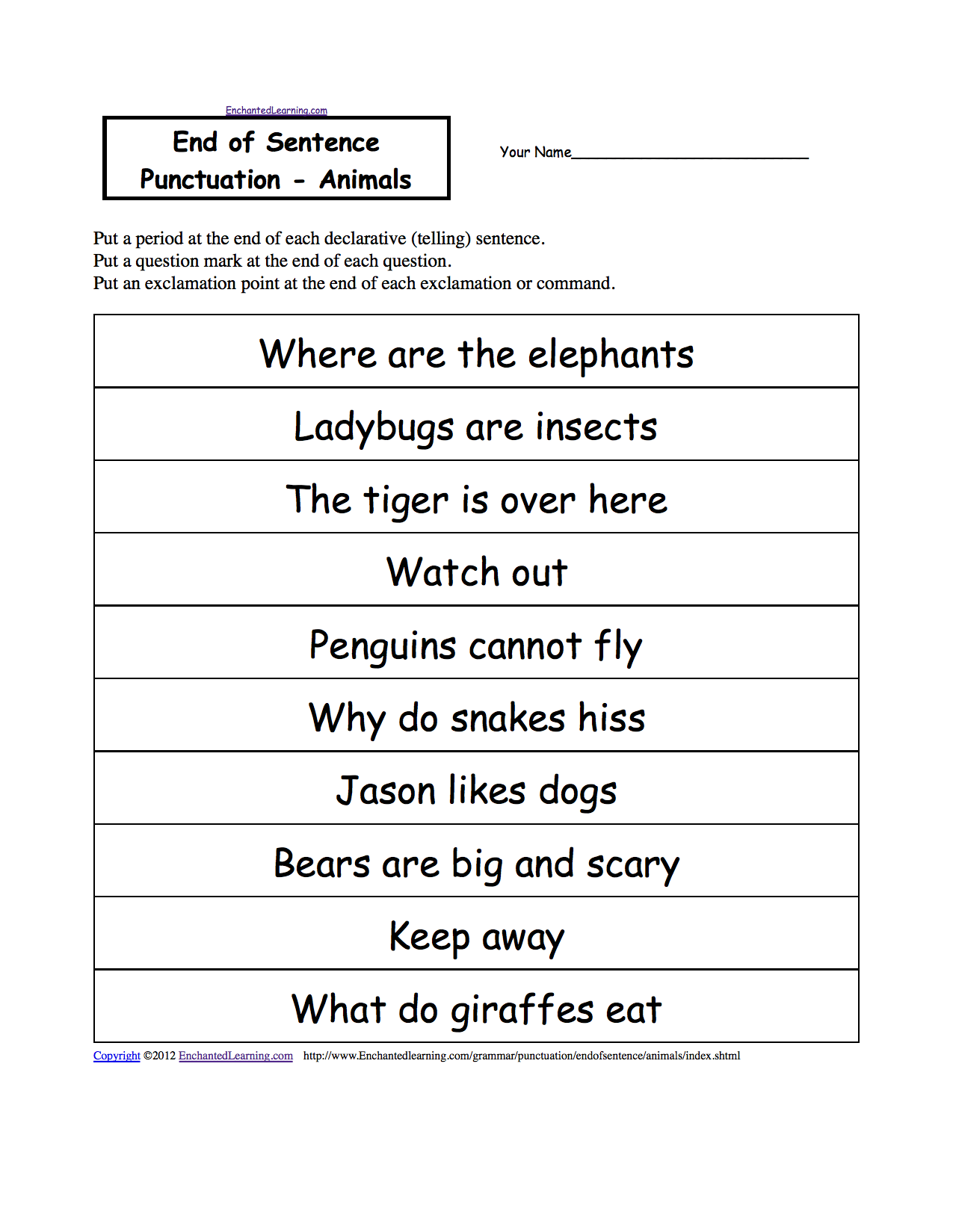 end of sentence punctuation printable worksheets enchantedlearning com