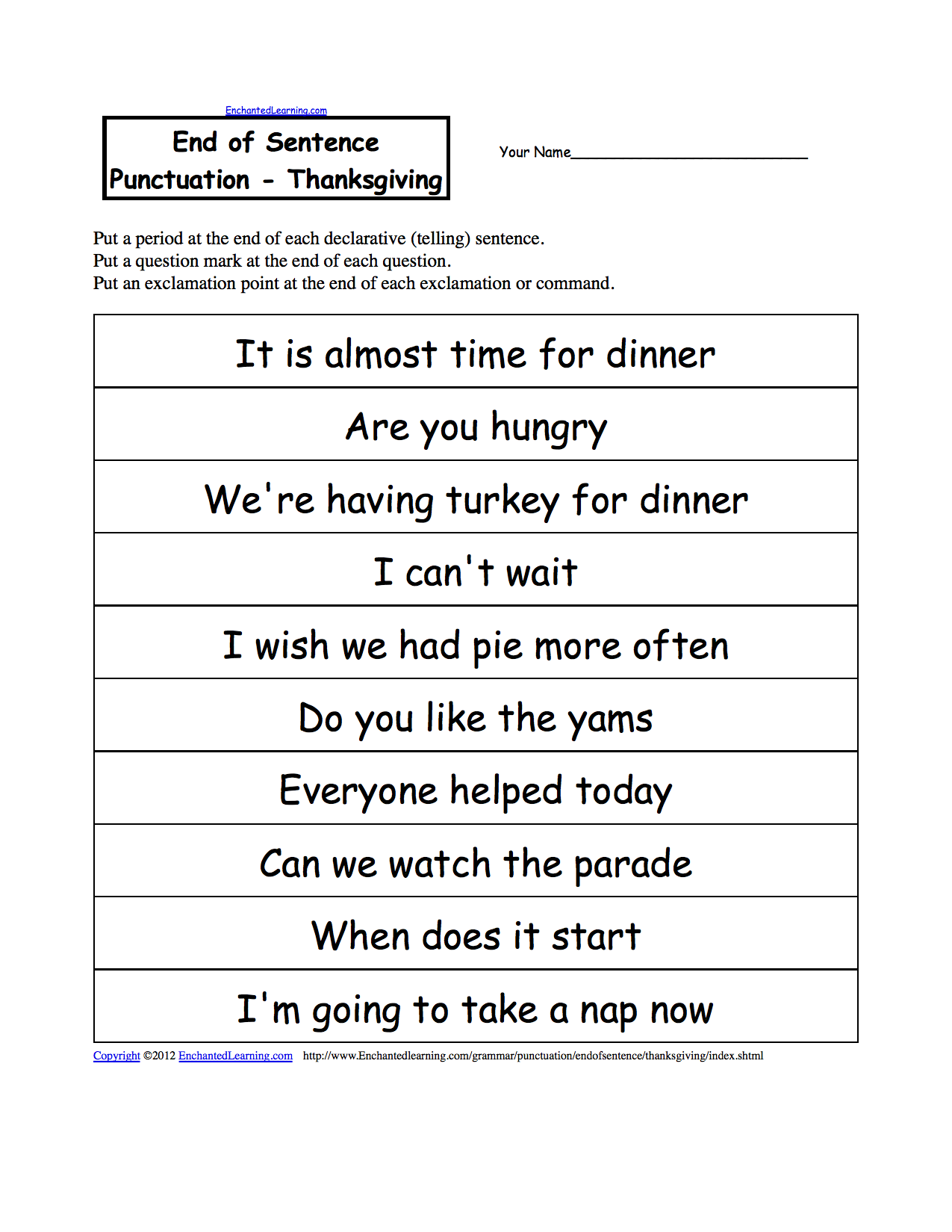 end of sentence punctuation thanksgiving a printable worksheet enchantedlearning com