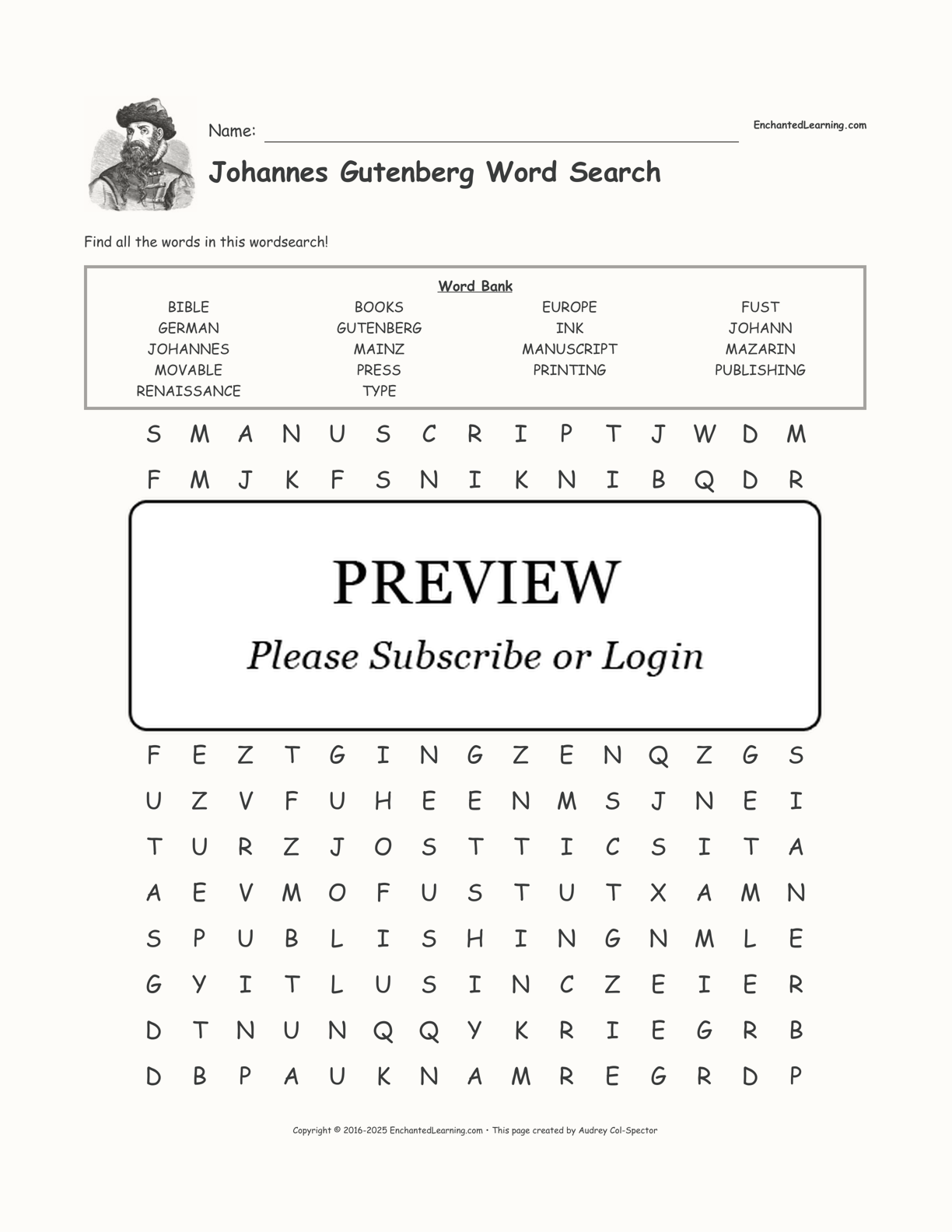 johannes gutenberg word search enchanted learning