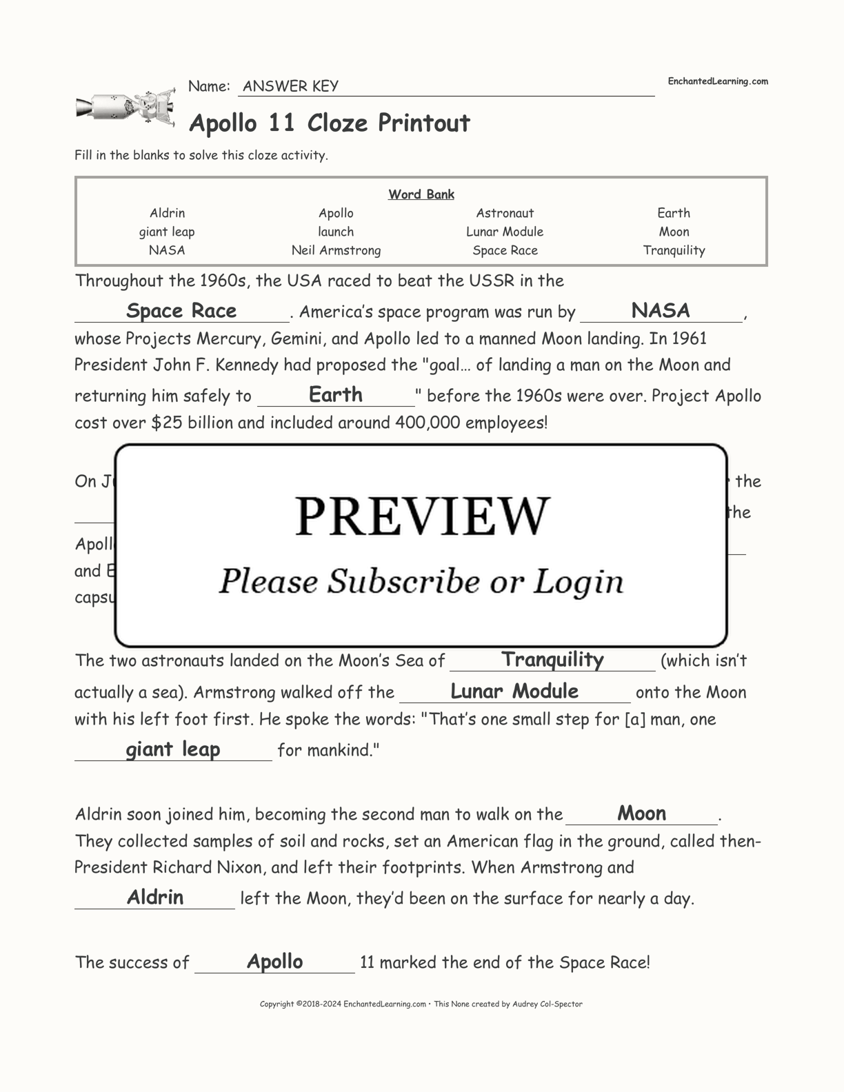 Apollo 11 Cloze Printout interactive worksheet page 2