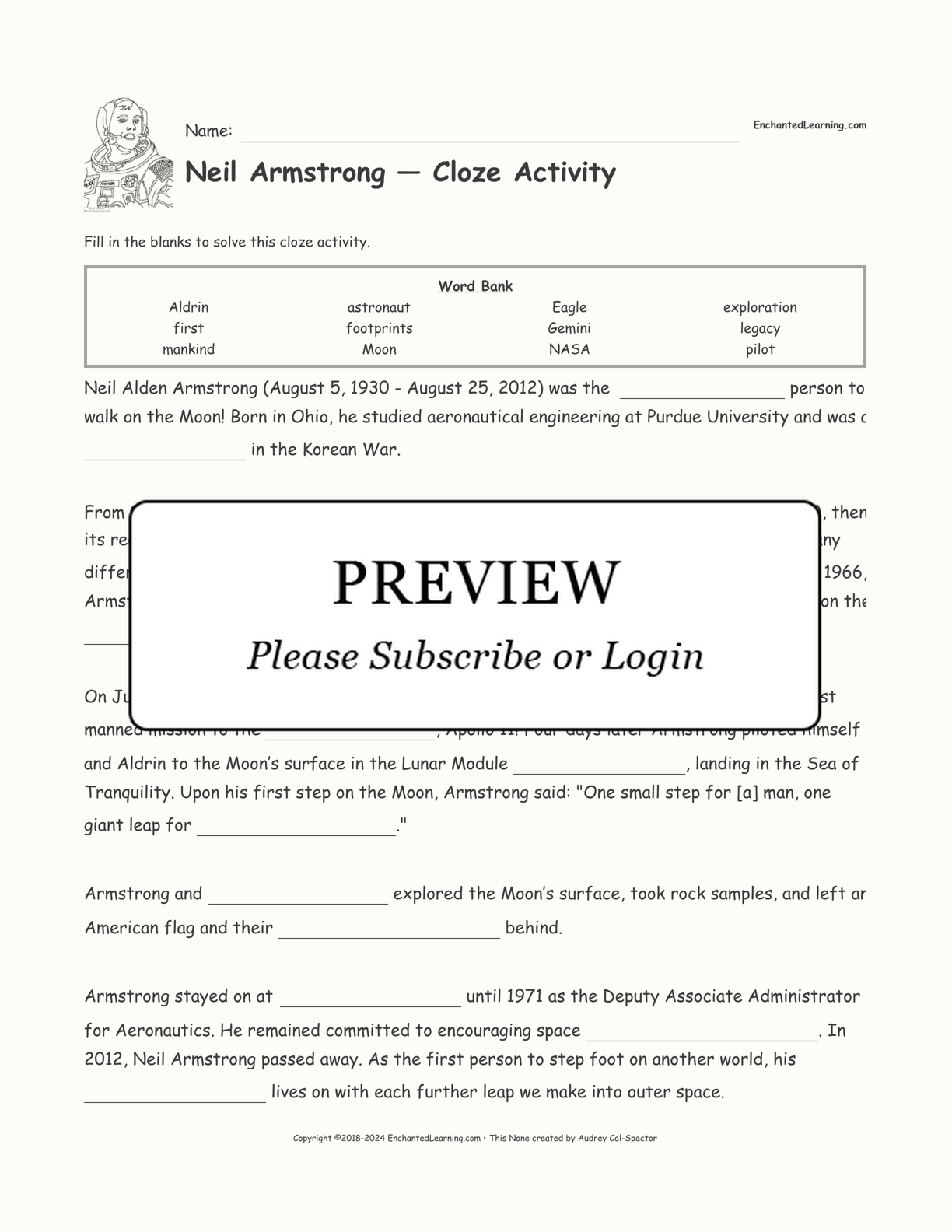 Neil Armstrong — Cloze Activity interactive worksheet page 1
