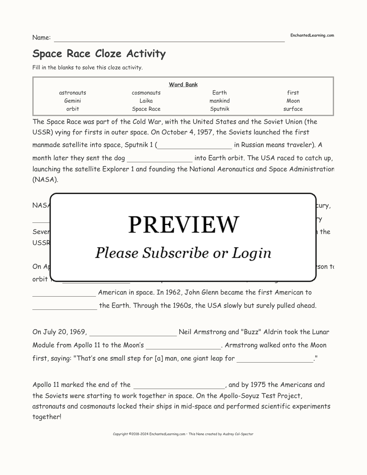 Space Race Cloze Activity interactive worksheet page 1