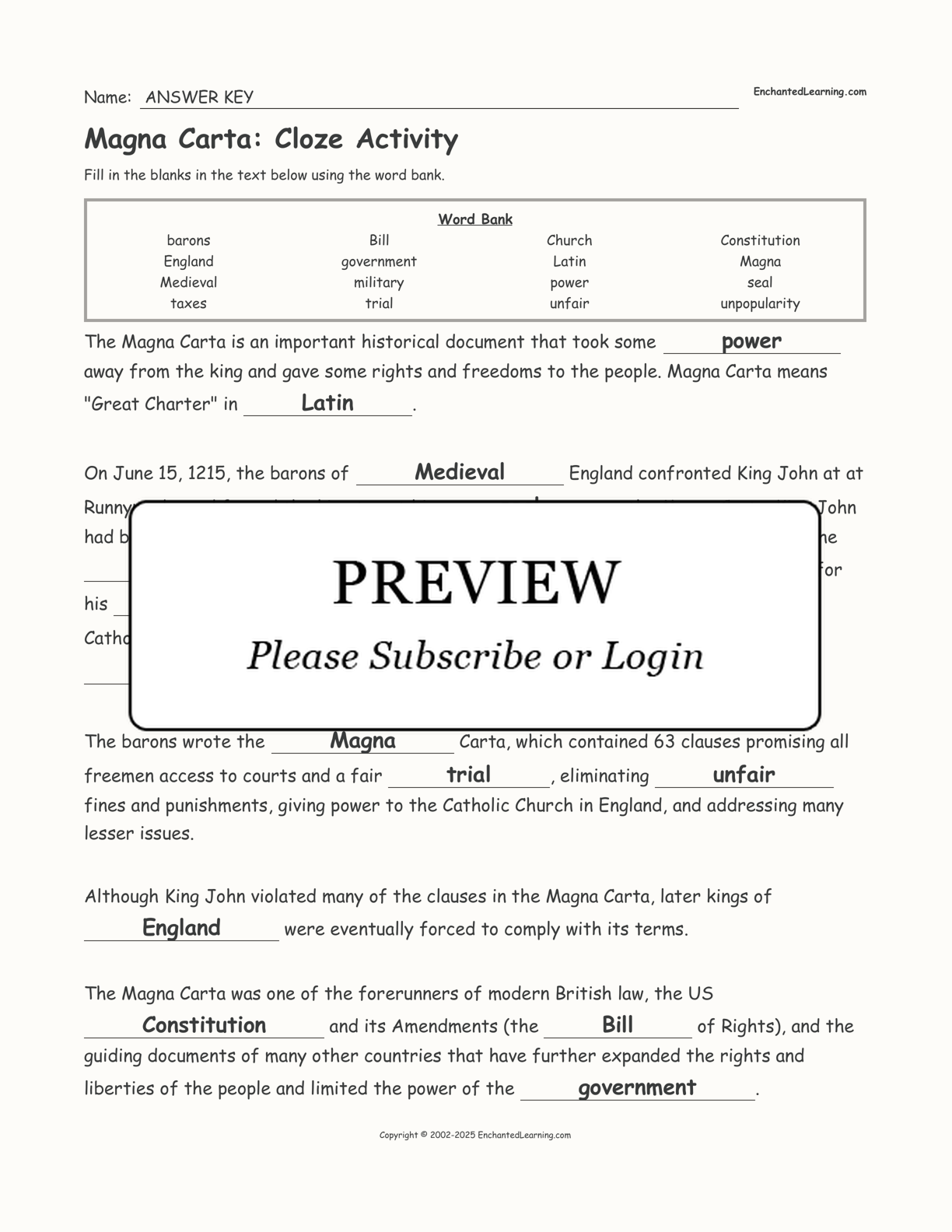 Magna Carta: Cloze Activity - Enchanted Learning