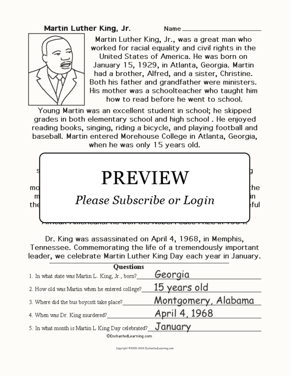 Martin Luther King, Jr., Biography (with Questions) interactive worksheet page 2