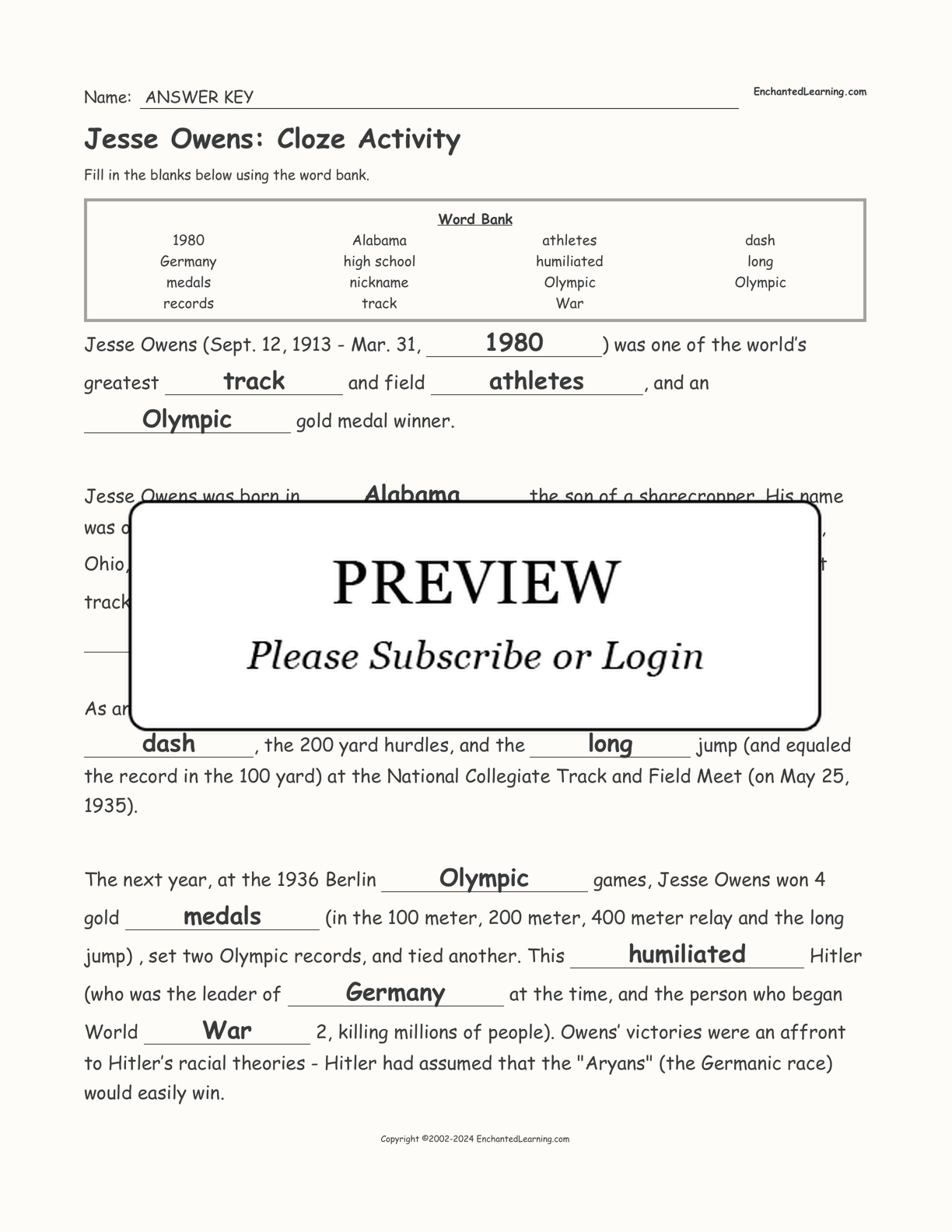 Jesse Owens: Cloze Activity interactive worksheet page 2