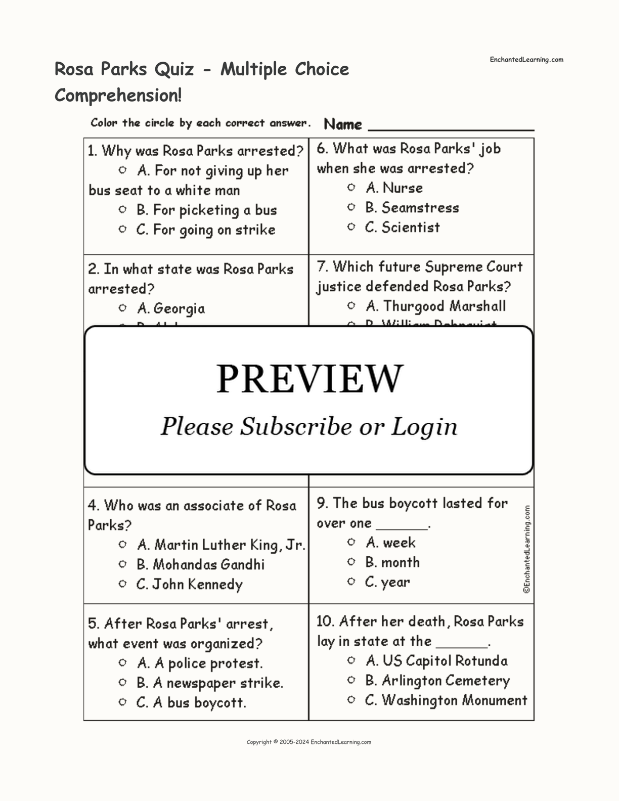 Rosa Parks Quiz - Multiple Choice Comprehension! interactive worksheet page 1