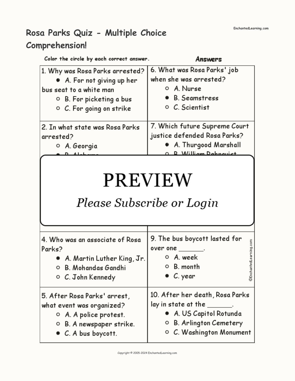 Rosa Parks Quiz - Multiple Choice Comprehension! interactive worksheet page 2