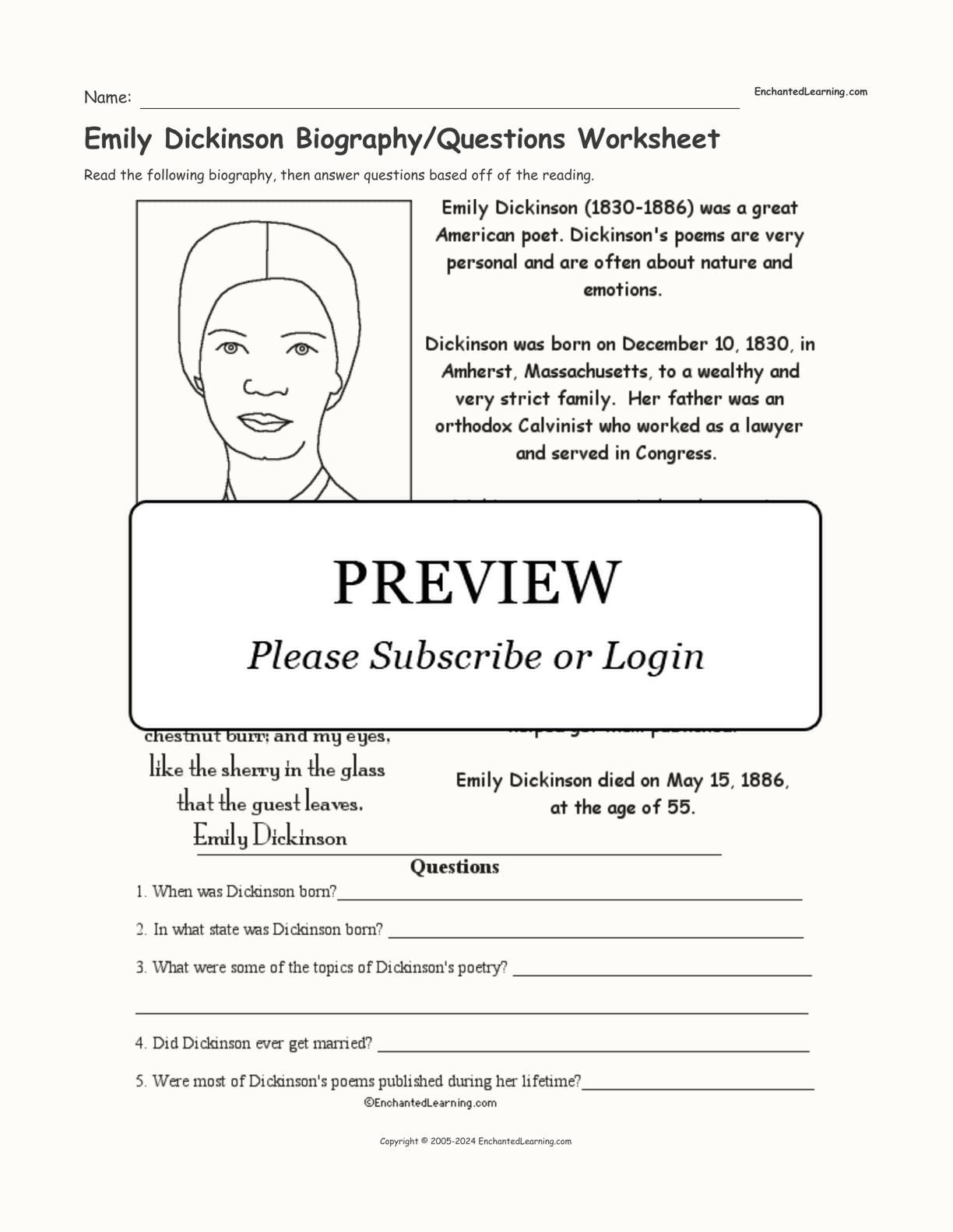 Emily Dickinson Biography/Questions Worksheet interactive worksheet page 1