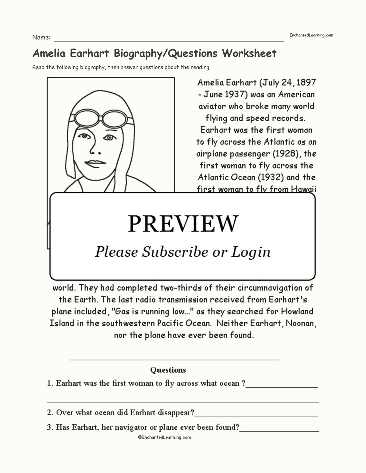 Amelia Earhart Biography/Questions Worksheet interactive worksheet page 1