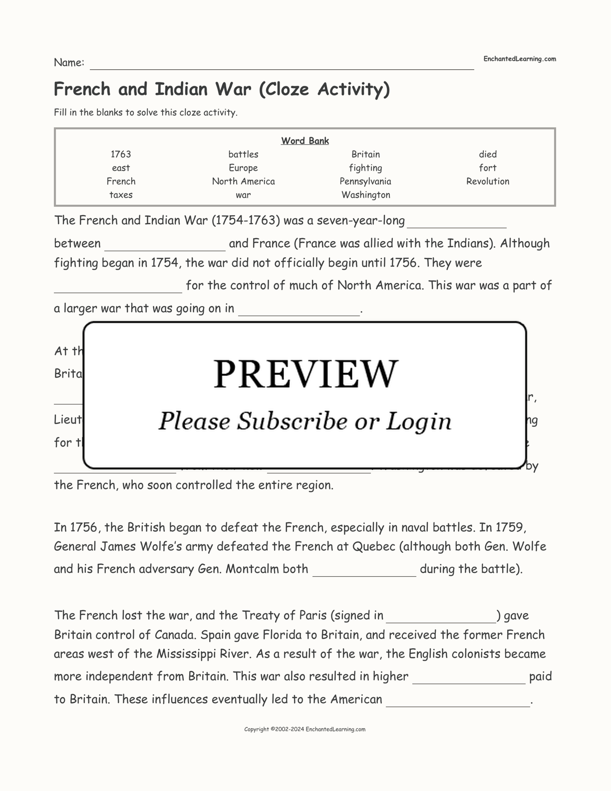French and Indian War (Cloze Activity) - Enchanted Learning For French And Indian War Worksheet