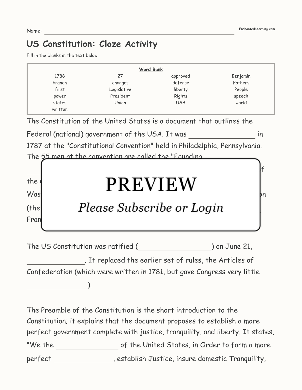 US Constitution: Cloze Activity - Enchanted Learning Intended For The Us Constitution Worksheet