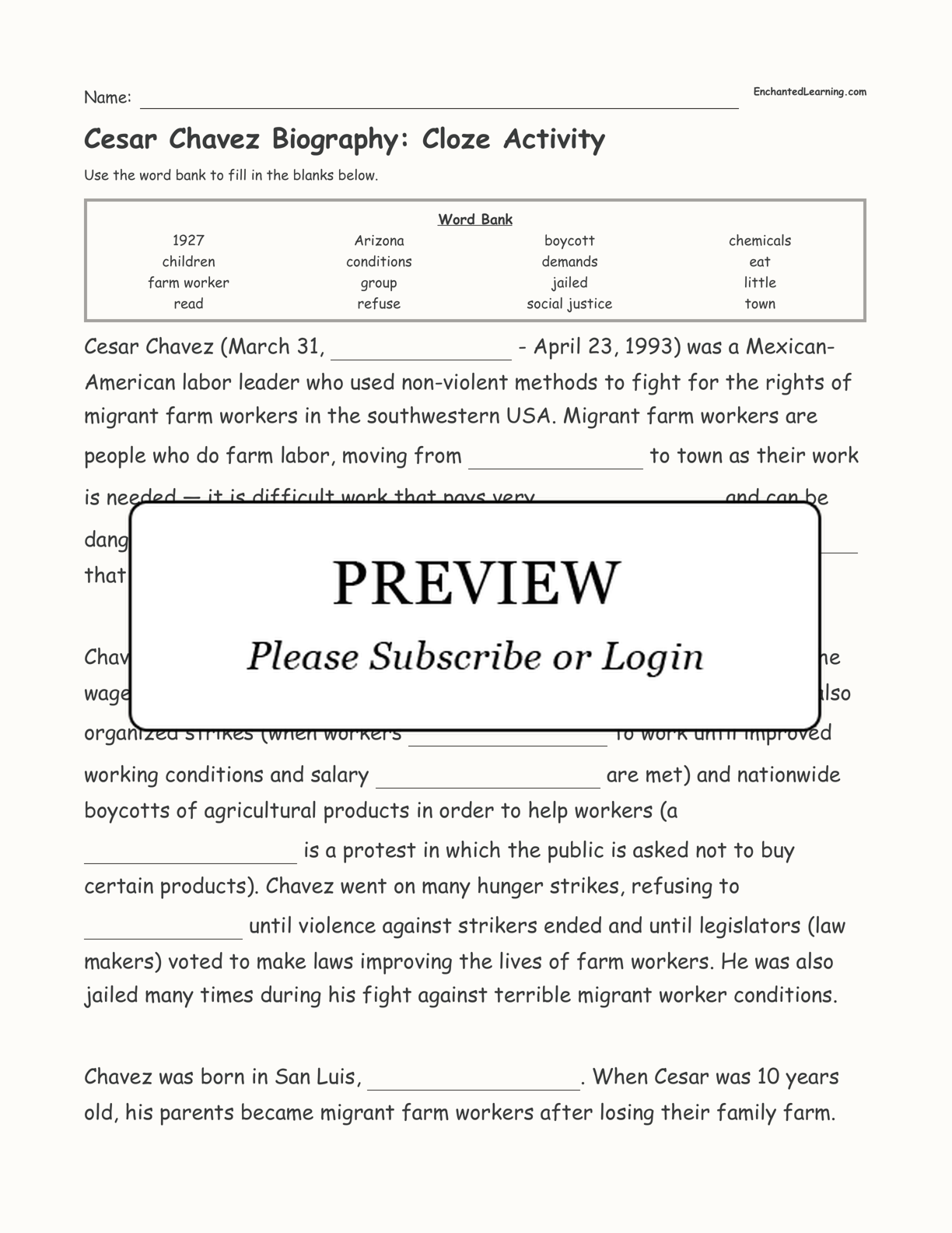 Cesar Chavez Biography: Cloze Activity interactive worksheet page 1