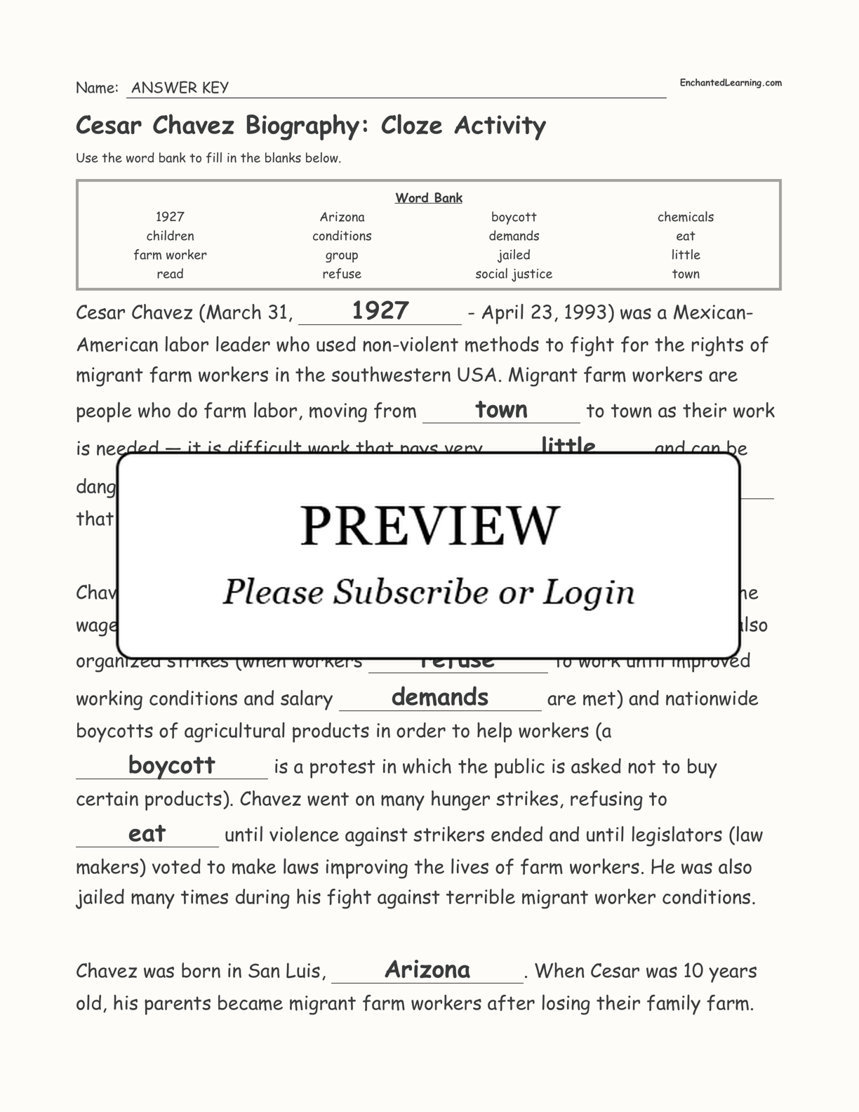 Cesar Chavez Biography: Cloze Activity interactive worksheet page 3