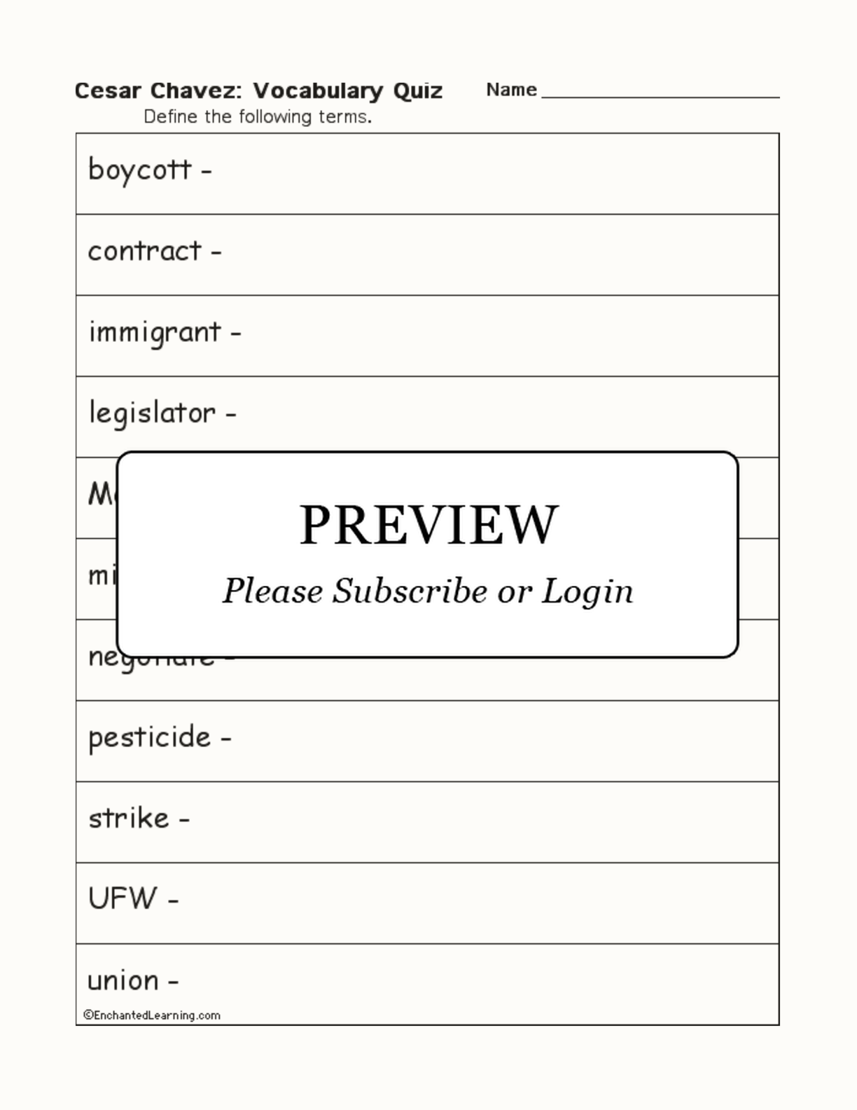 Cesar Chavez Vocabulary Printout interactive worksheet page 1