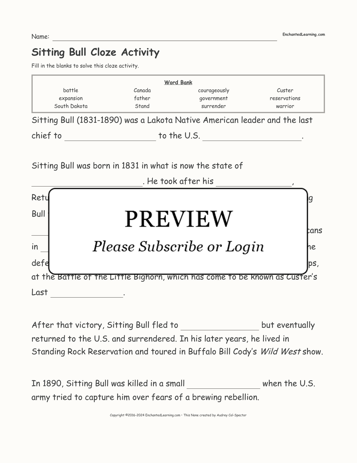 Sitting Bull Cloze Activity interactive worksheet page 1